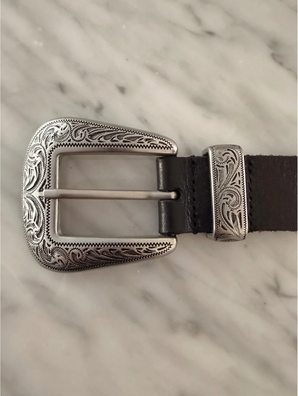 Urban Outfitters Black Leather Western Style Belt with Engraved Silver Buckle